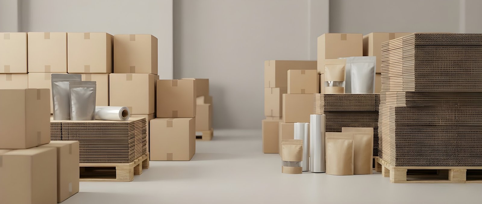 Cardboard boxes, corrugated sheets and packing supplies arranged in a warehouse